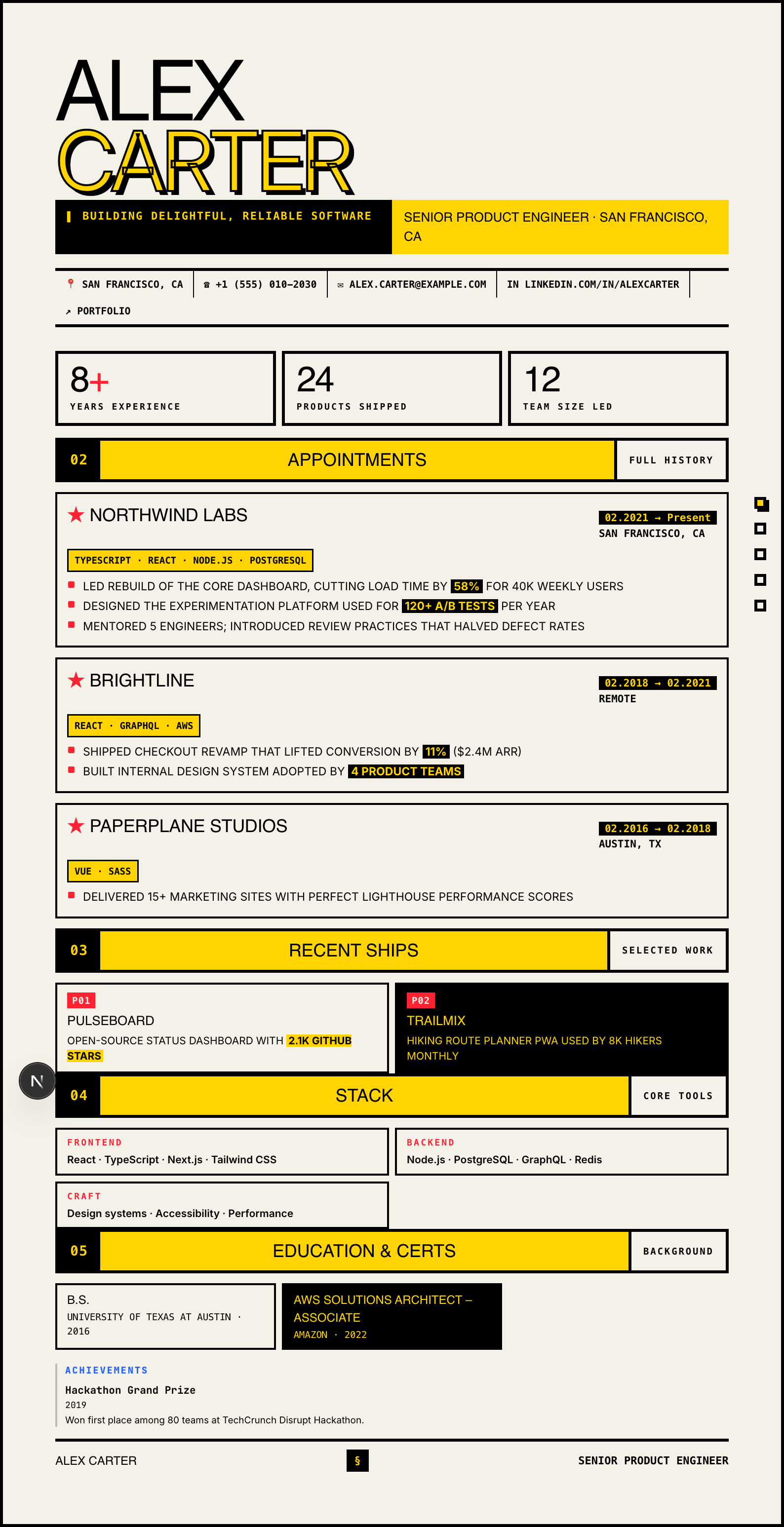 Brutalist résumé template preview