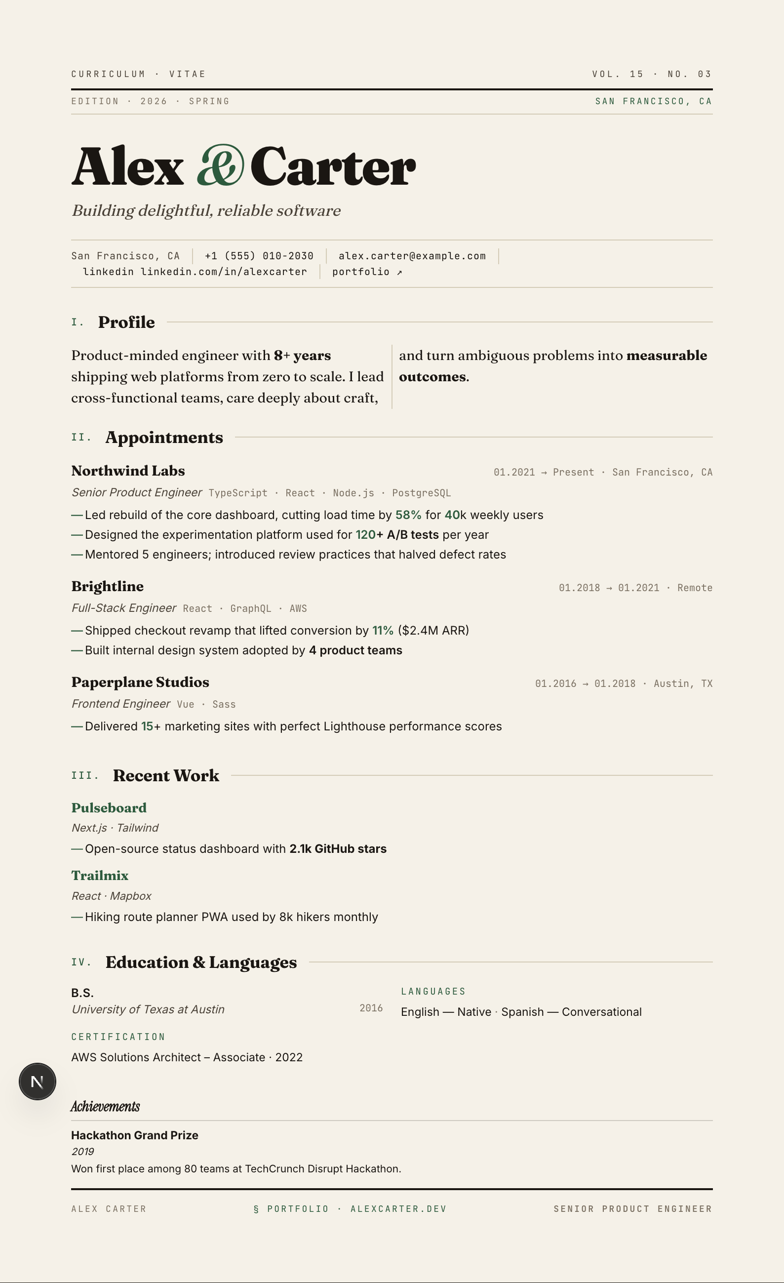 Editorial résumé template preview
