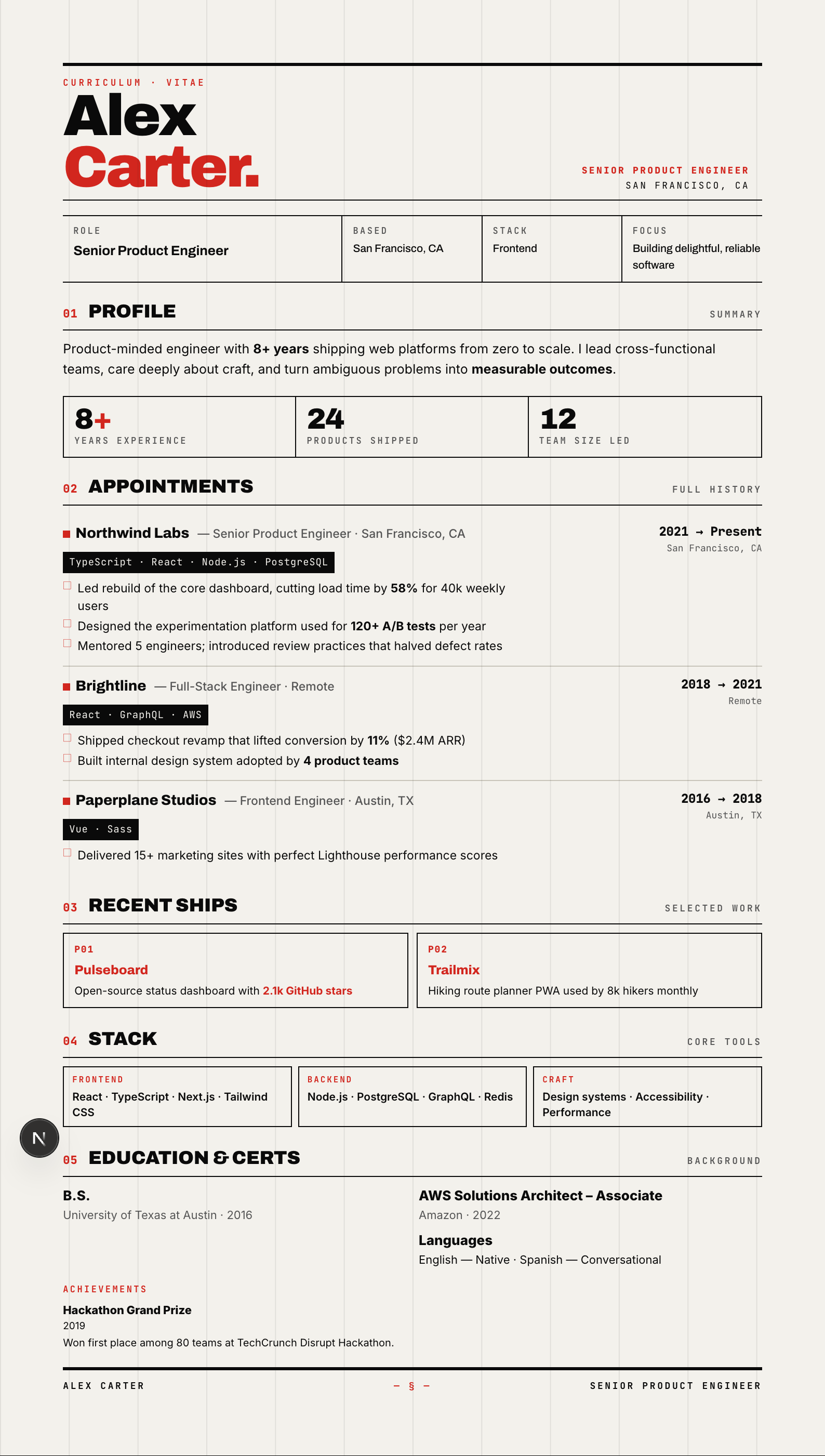 Swiss résumé template preview