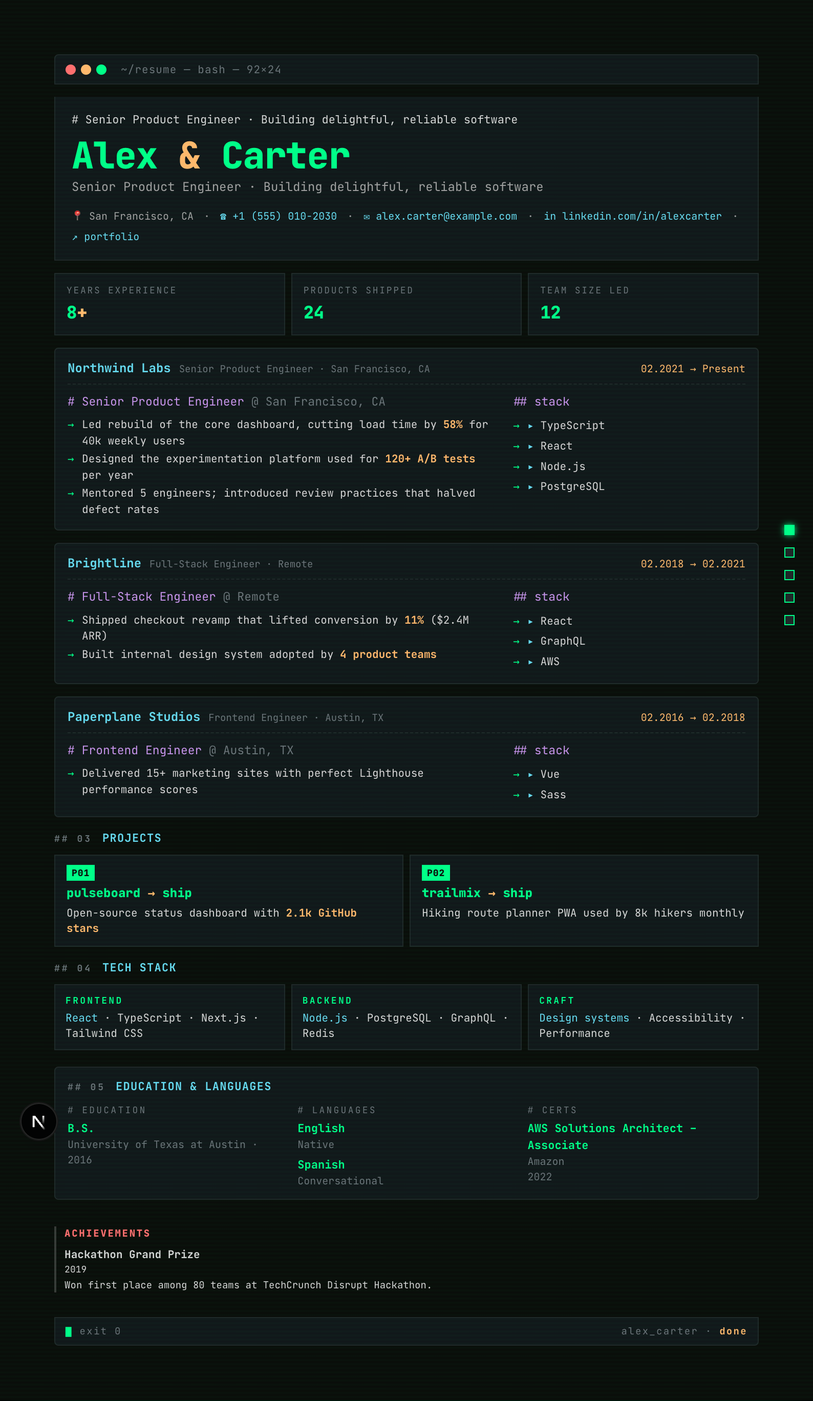 Terminal résumé template preview